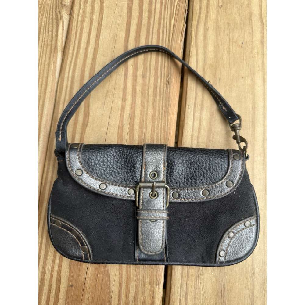 Vintage Y2K Black Pebble Leather Buckle Mini Purse Mini Hand Bag Studded